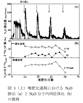 図3(上)堆肥化過程におけるN2O排出(a)とN2O分子内同位体比(b)の推移