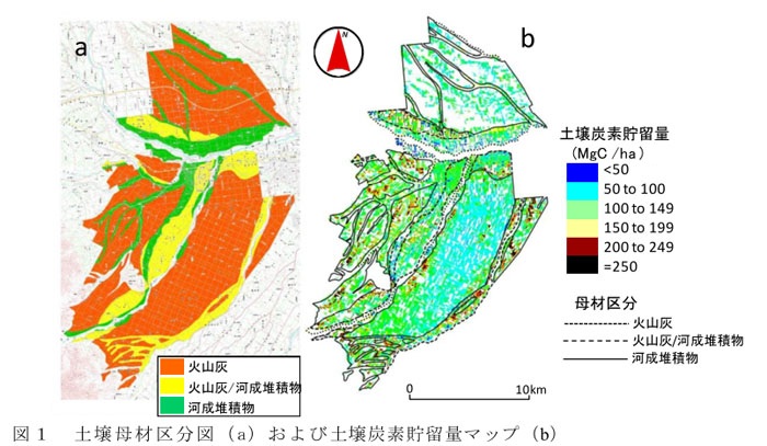 図1 土壌母材区分図(a)および土壌炭素貯留量マップ(b)