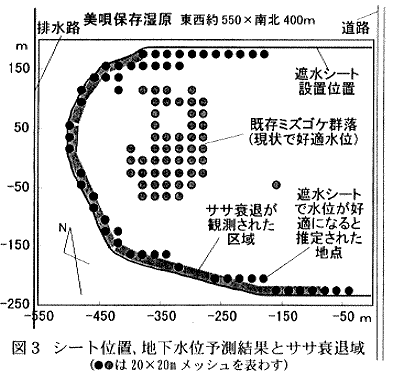 図3.シート位置、地下水位予測結果とササ衰退域