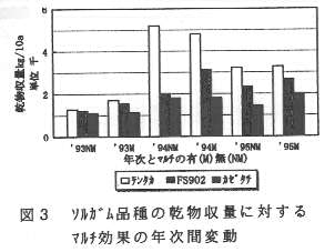 図3.ソルガム品種の乾物収量に対するマルチ効果の年次間変動