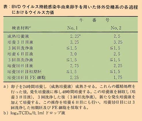 表 BVDウイルス持続感染牛由来卵子を用いた体外受精系の各過程におけるウイルス力価