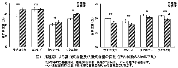 図1 播種期による蛋白質含量及び脂質含量の変動(所内試験の5か年平均)