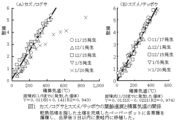 図1 カズノコグサとスズメノテッポウの葉齢進展と積算気温の関係