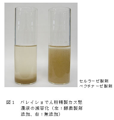 図1 バレイショでん粉精製カス懸濁液の減容化(左:酵素製剤添加、右:無添加)
