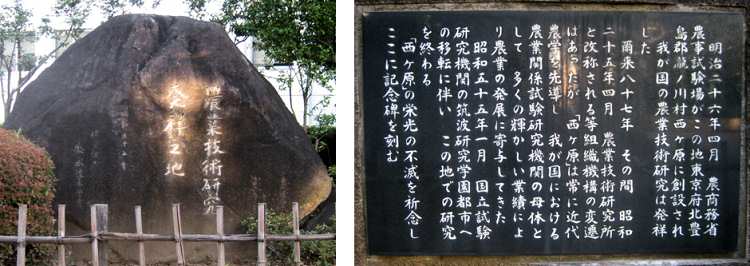 農業技術研究発祥の地の記念碑（左）と碑文（右）（写真）