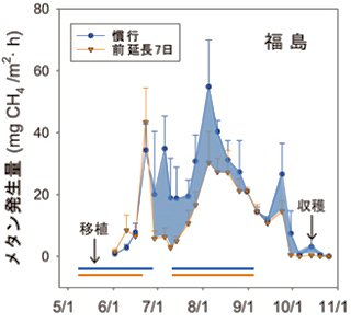 中干しを数日早く開始することでメタン発生量が大きく減った例（福島）（グラフ）