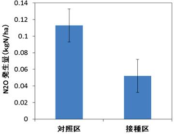 ダイズ根粒菌接種区のN2O発生量は約 0.11 kgN/ha、対照区（無接種区）では約 0.05 kgN/ha（棒グラフ）