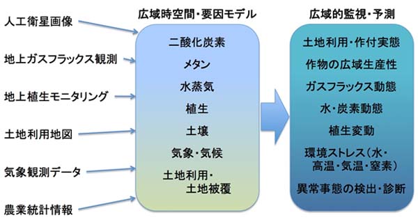 ［さまざまな情報・画像］→［広域 時空間・要因モデル］→［広域的監視・予測］（概念図）