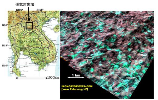 図１ 研究対象の領域（地図）と典型的な焼畑地域の鳥瞰図（衛星画像）