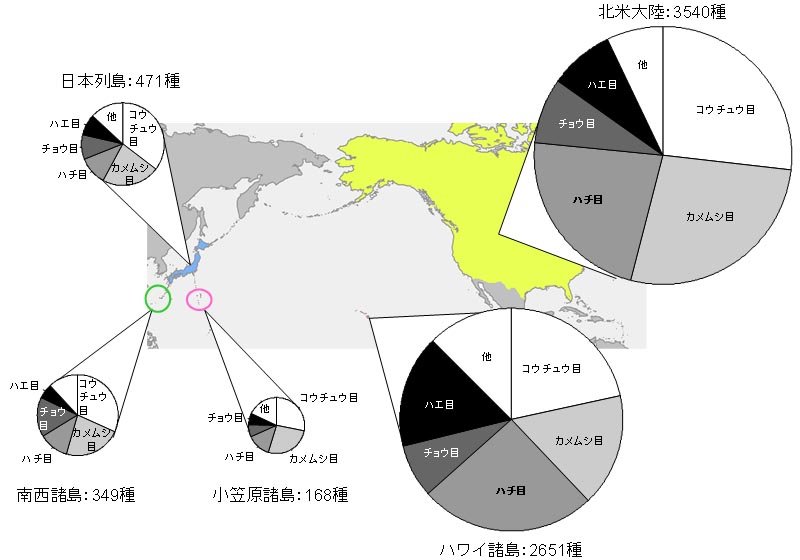 ５つの地域ごとの分類群別種数グラフ