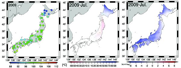 図１ （左）2009年9月15日現在の水稲作況、および2009年7月の（中）気温冷却量と（右）日射量の平年（1989-2008年）偏差の地域分布 （全国分布図）