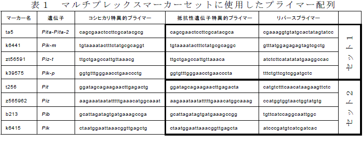 表１　マルチプレックスマーカーセットに使用したプライマー配列