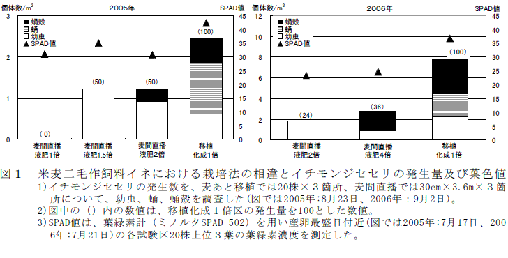 図１　米麦二毛作飼料イネにおける栽培法の相違とイチモンジセセリの発生量及び葉色値