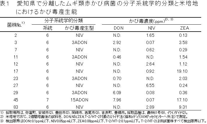 表１　愛知県で分離したムギ類赤かび病菌の分子系統学的分類と米培地におけるかび毒産生能