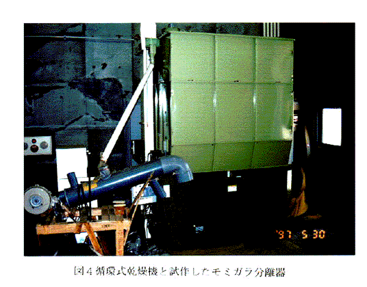 図4:循環式乾燥機と試作したモミガラ分離器