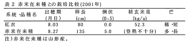 表2 赤米在来種との栽培比較(2001年)